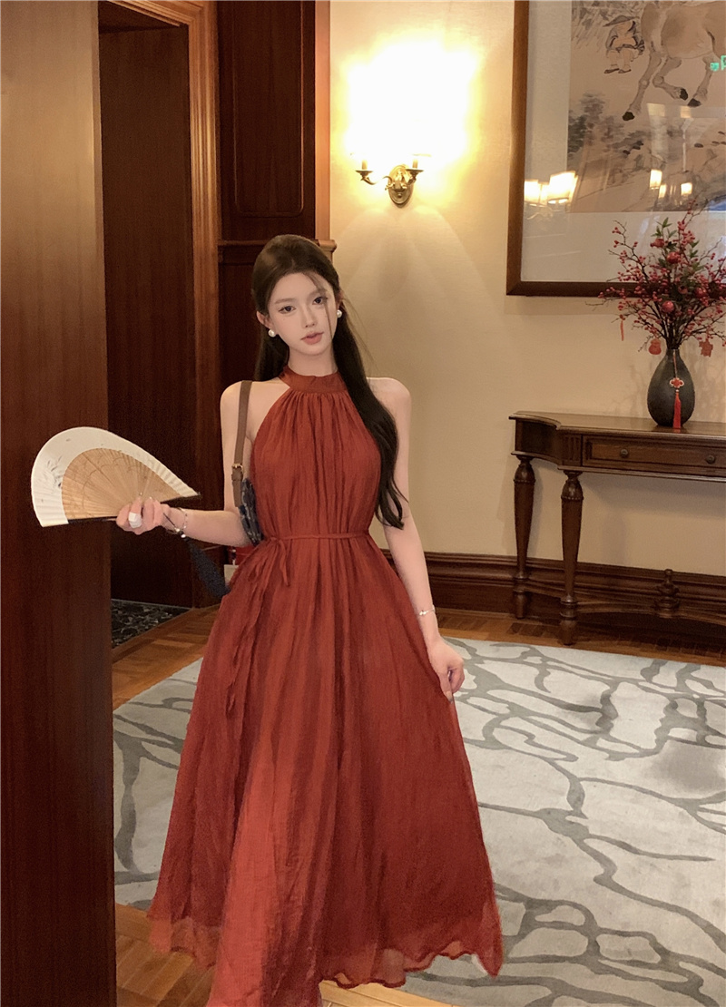 Women's Summer Halter Neck Sleeveless High Waist Pleated Maxi Dress - Image 2