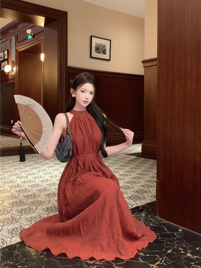 Women's Summer Halter Neck Sleeveless High Waist Pleated Maxi Dress - Image 3