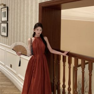 Women's Summer Halter Neck Sleeveless High Waist Pleated Maxi Dress