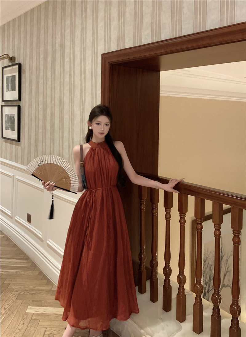Women's Summer Halter Neck Sleeveless High Waist Pleated Maxi Dress
